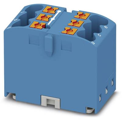 Modrý elektrický konektor s oranžovými svorkami, vhodný na prepojenie káblov v rozvádzači.