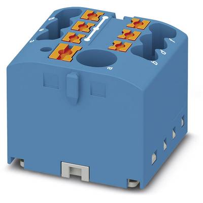 Modrý elektrický pripojovací modul s viacerými slotmi a oranžovými pákovými zámkami pre bezpečné zapojenie káblov.