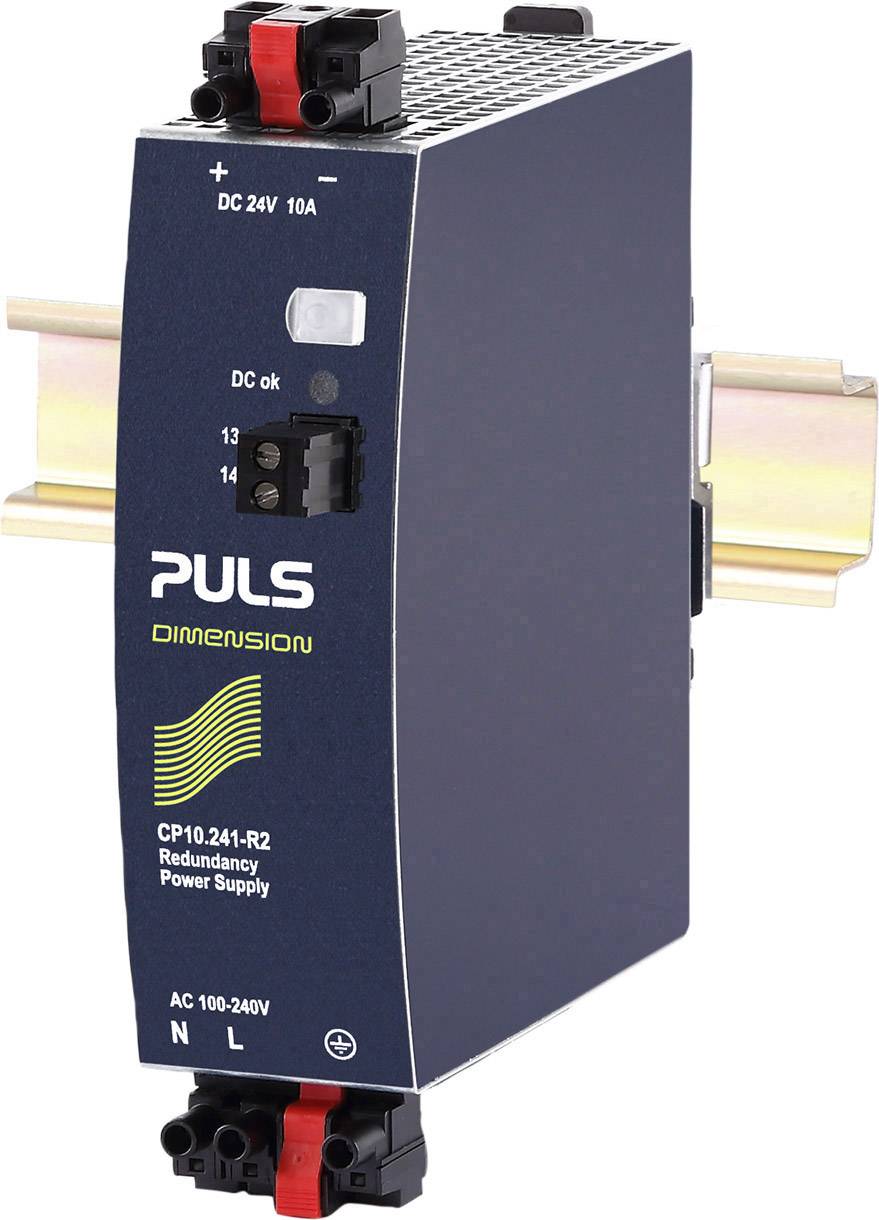 Priemyselný impulzný napájací zdroj DIMENSION-CP10, 24V, 10A, s montážou na DIN lištu, vhodný pre redundantné aplikácie.