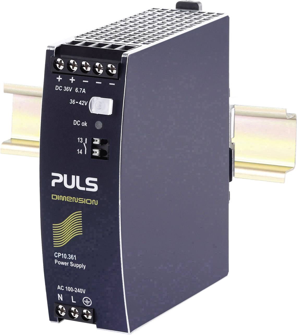 Napájací zdroj pre montáž na DIN lištu, značka PULS, model CP10.36, vstup AC 100-240V, výstup DC 36V 6,7A.
