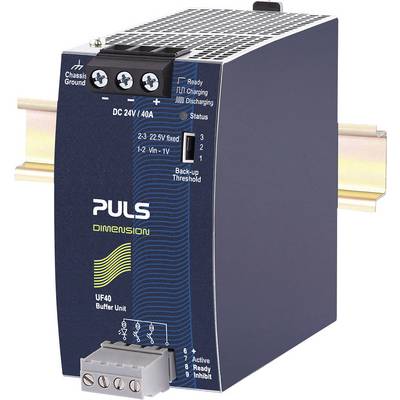 'PULS Dimension UF40' tlmivkový modul pre montáž na DIN lištu, s LED stavovými indikátormi a pripojovacie svorkami, určený pre priemyselné aplikácie.
