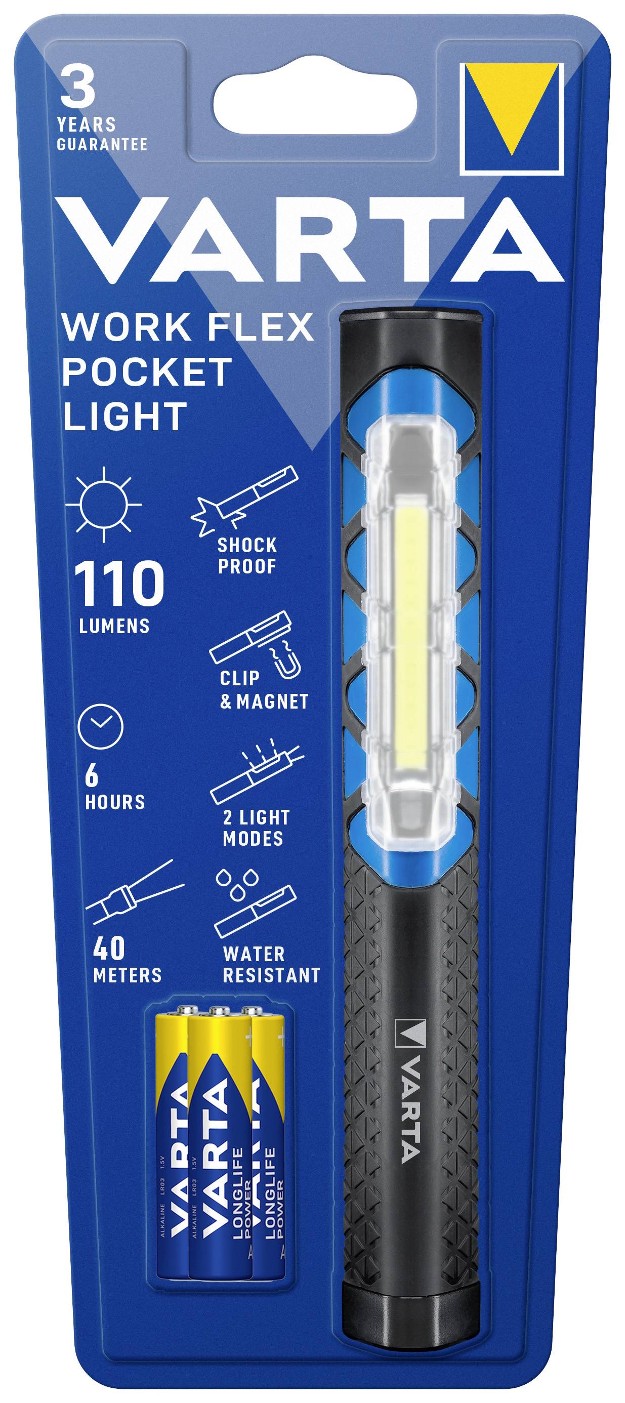 Vreckové svietidlo 'Varta Work Flex Pocket Light' v balení s 110 lúmenmi, dva svetelné módy, nárazuvzdorné, vodotesné, vrátane batérií.