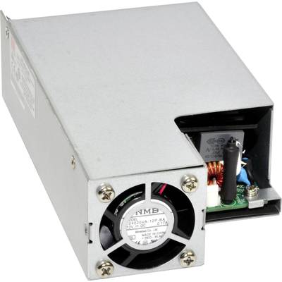 Strieborný napájací zdroj s ventilátorom vpredu; zobrazuje elektronické komponenty a technické detaily na bočnej strane.