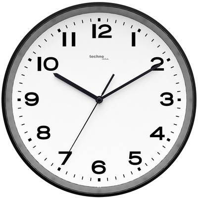 Analógové nástenné hodiny s čiernym rámom a bielym ciferníkom. Ručičky ukazujú 10:10.