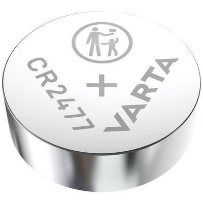 Strieborná gombíková batéria s nápisom "CR2477 VARTA" a symbolom, ktorý znázorňuje pokyny pre manipuláciu dospelými osobami.