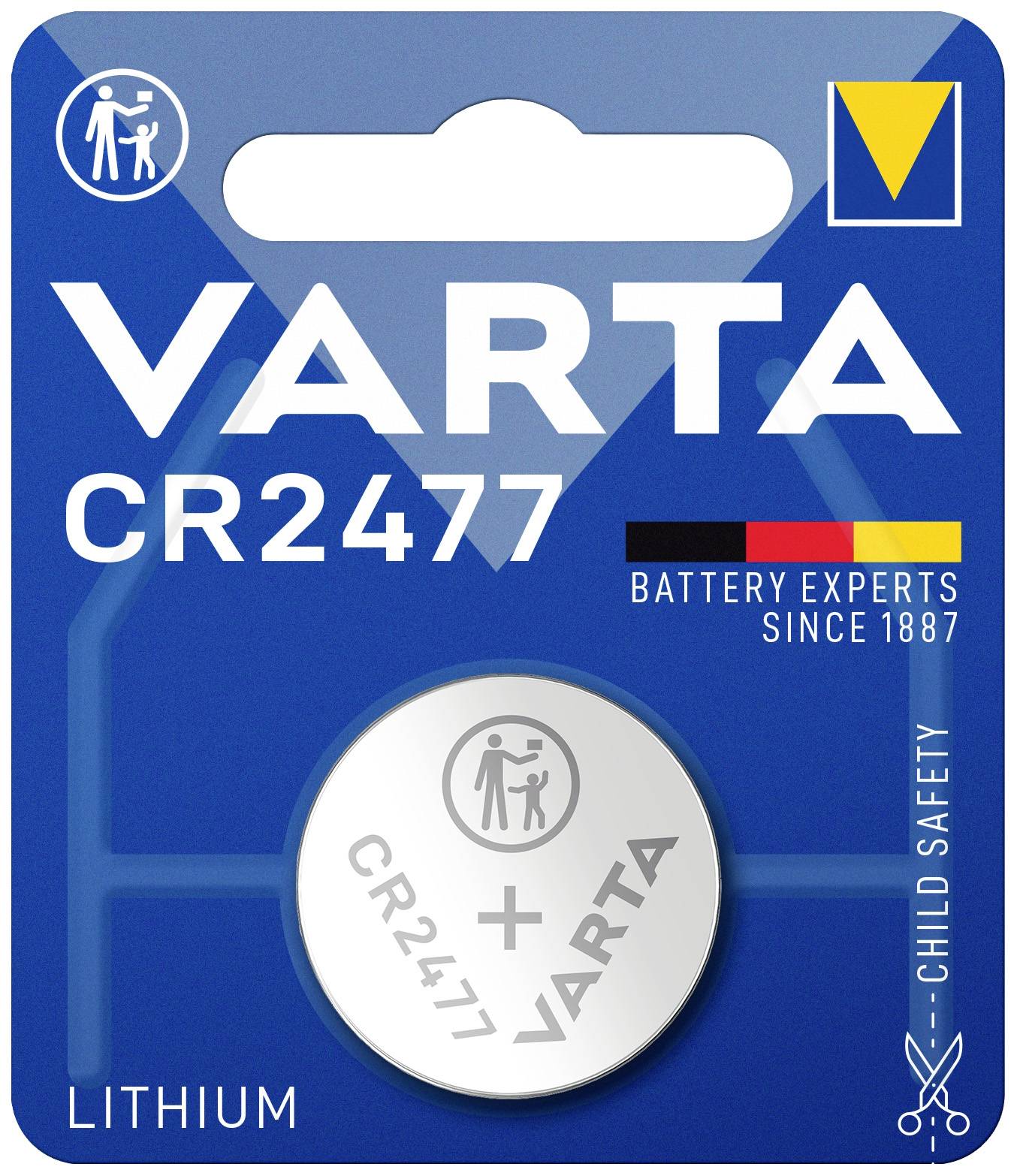 Okrúhla lítiová batéria 'CR2477' od spoločnosti VARTA, v modrom obale s detskými bezpečnostnými prvkami, je propagovaná ako dlhodobo trvácna.