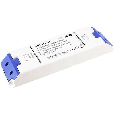 LED driver pre stmievateľné osvetlenie, model SLD120-24V-LE, biele a modré puzdro, vytlačené technické detaily a bezpečnostné certifikáty.