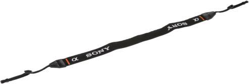 'Ramenný popruh Sony kamery, čierny, s bielymi písmenami a oranžovými akcentmi'
