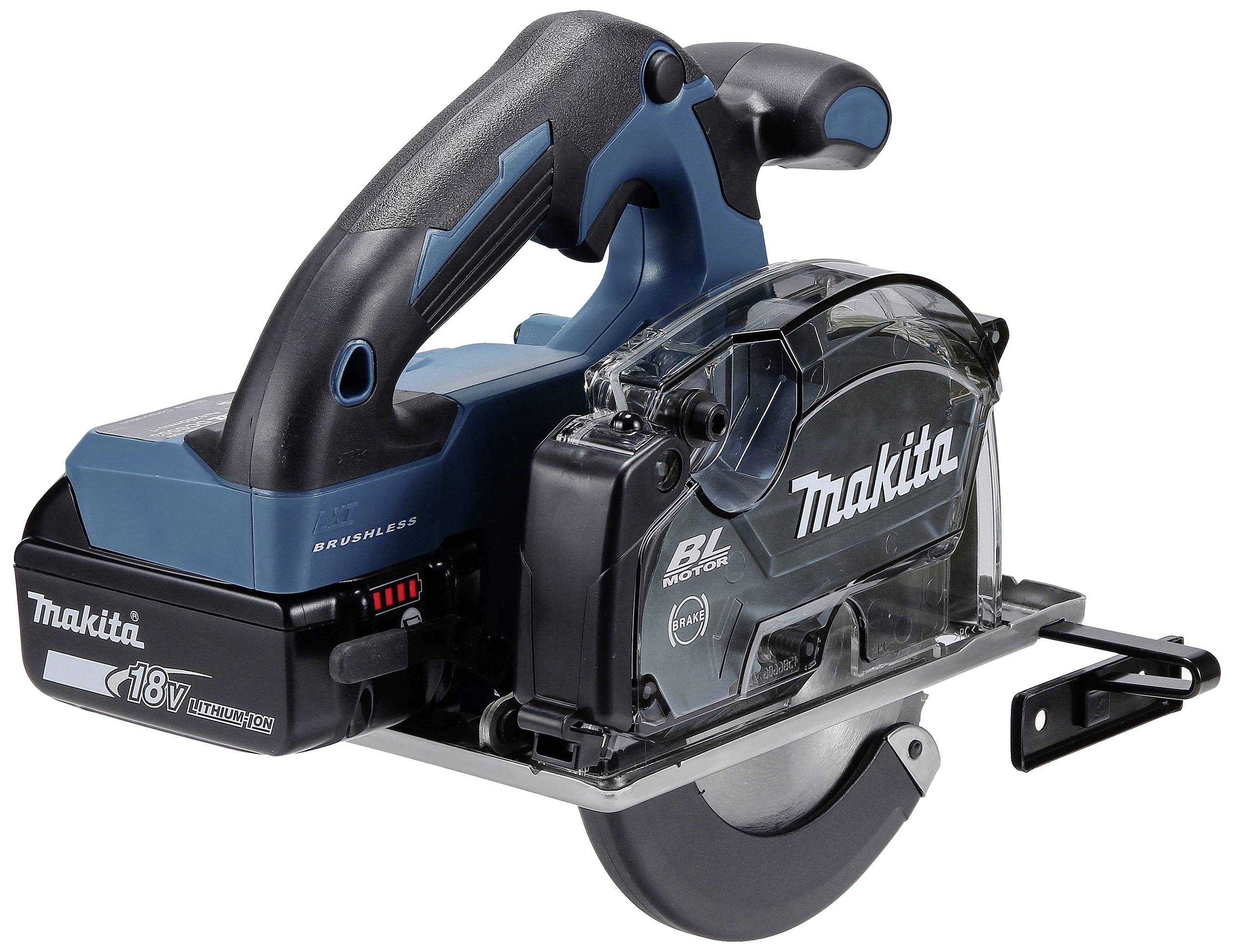 Modrá prenosná akumulátorová ručná kotúčová píla značky Makita s čiernou rukoväťou a ochranným krytom nad pílovým kotúčom.