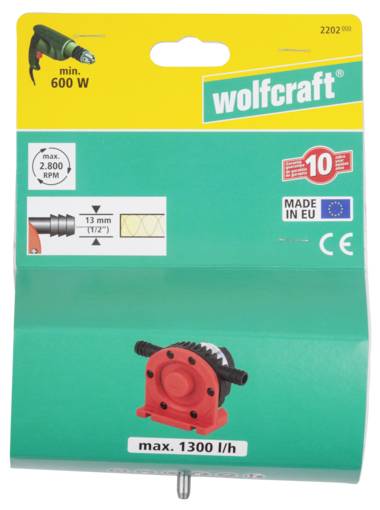 Balenie nástavca Wolfcraft na záhradné čerpadlo, vhodné pre vŕtačky od 600 W; maximálny výkon: 1300 litrov/hodinu.