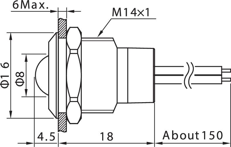 Technický výkres elektrickej konektora s rozmermi. Popisy: 'M14x1', priemer 16, ostatné rozmery sú uvedené v milimetroch.