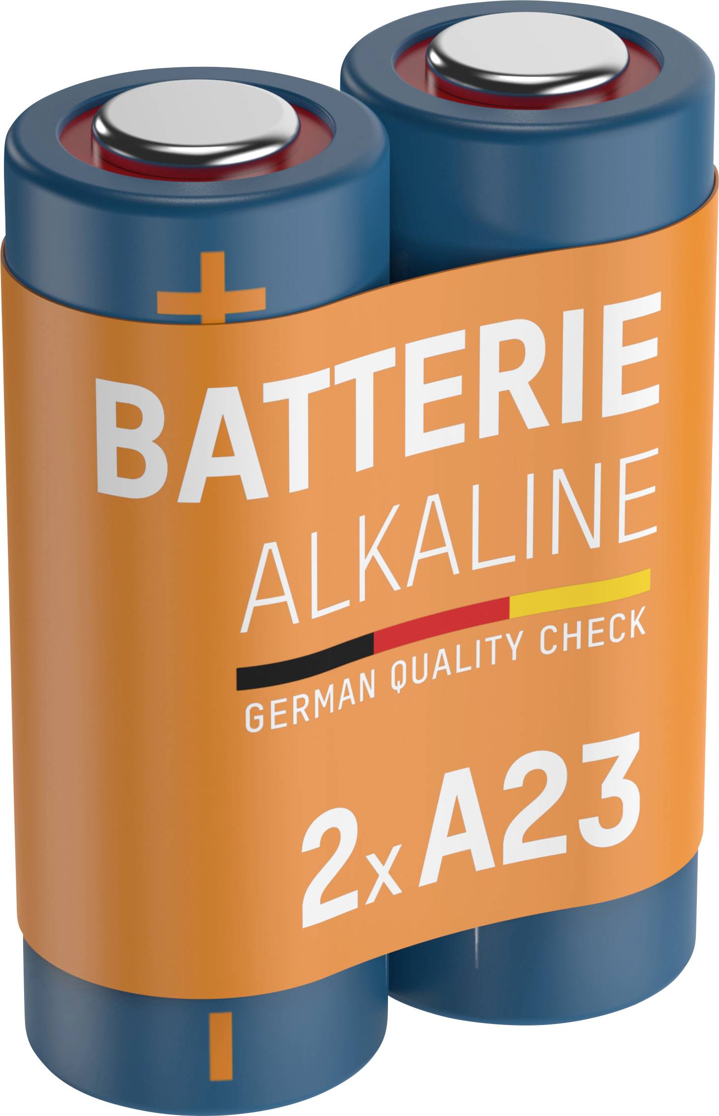 Dve modré alkalické batérie v oranžovom obale s nápisom: "Alkalická batéria, Nemecká kontrola kvality, 2x A23".