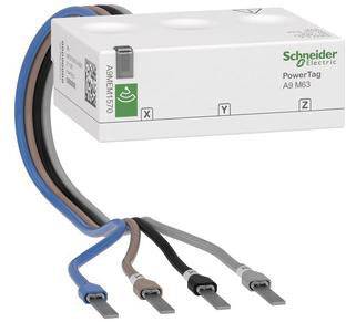 Biela elektrická komponenta s viacerými káblami na monitorovanie elektrickej energie, označená ako 'Schneider Electric PowerTag'.