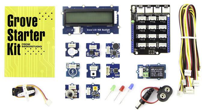 Štartovacia sada 'Grove Starter Kit' od Seeedstudio s LCD displejom, senzormi, káblami a doskou pre elektronické projekty.