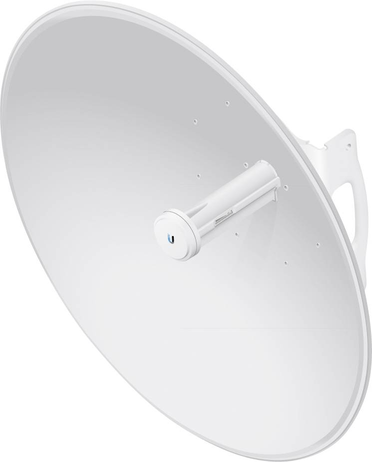 Veľká biela satelitná anténa smeruje doprava a používa sa na prenos dát.