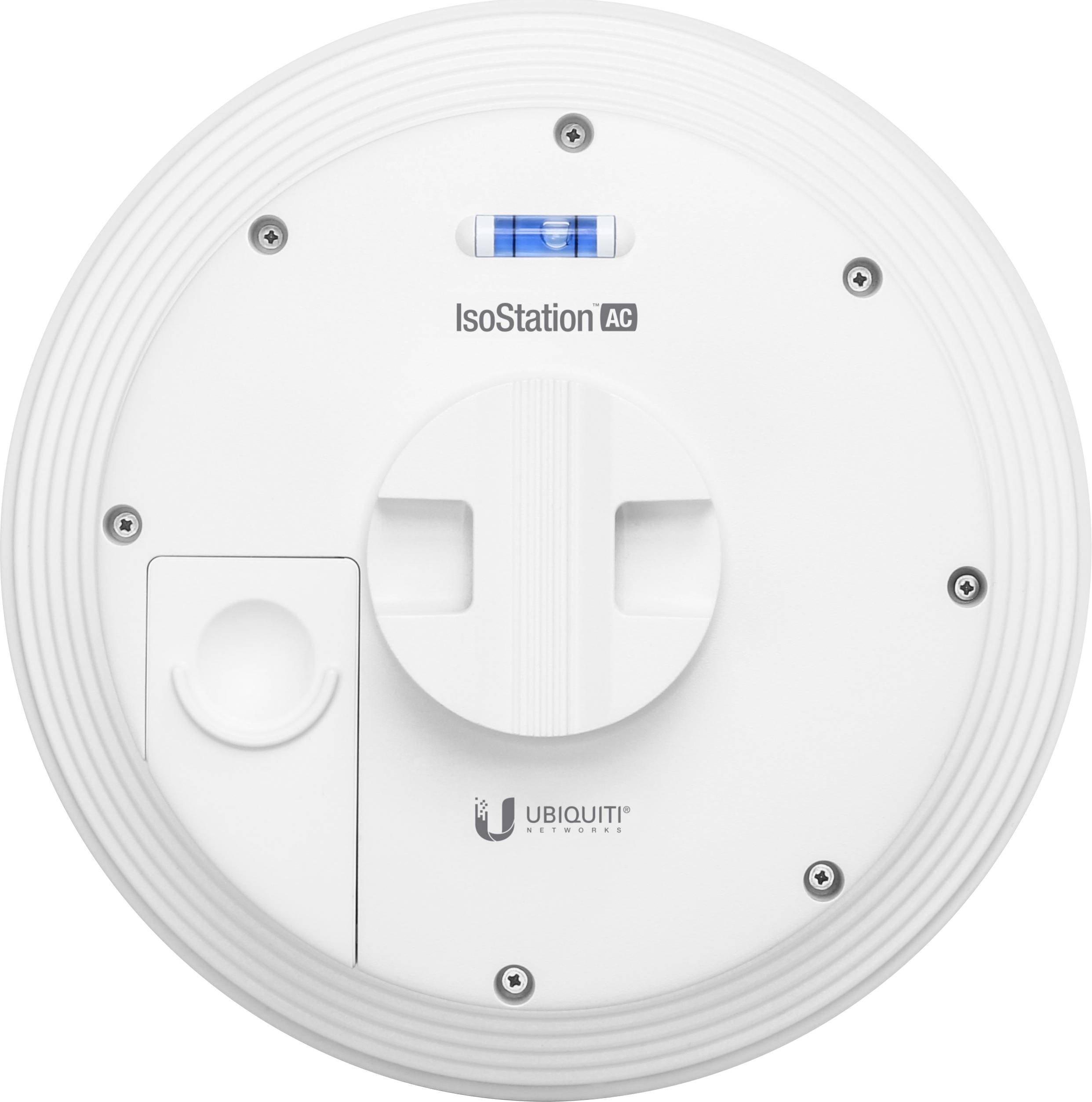 Guľatá Ubiquiti IsoStation AC anténa s logom značky, obdĺžnikovým držadlom a integrovanou vodováhou na vrchu, zameraná na presnosť.