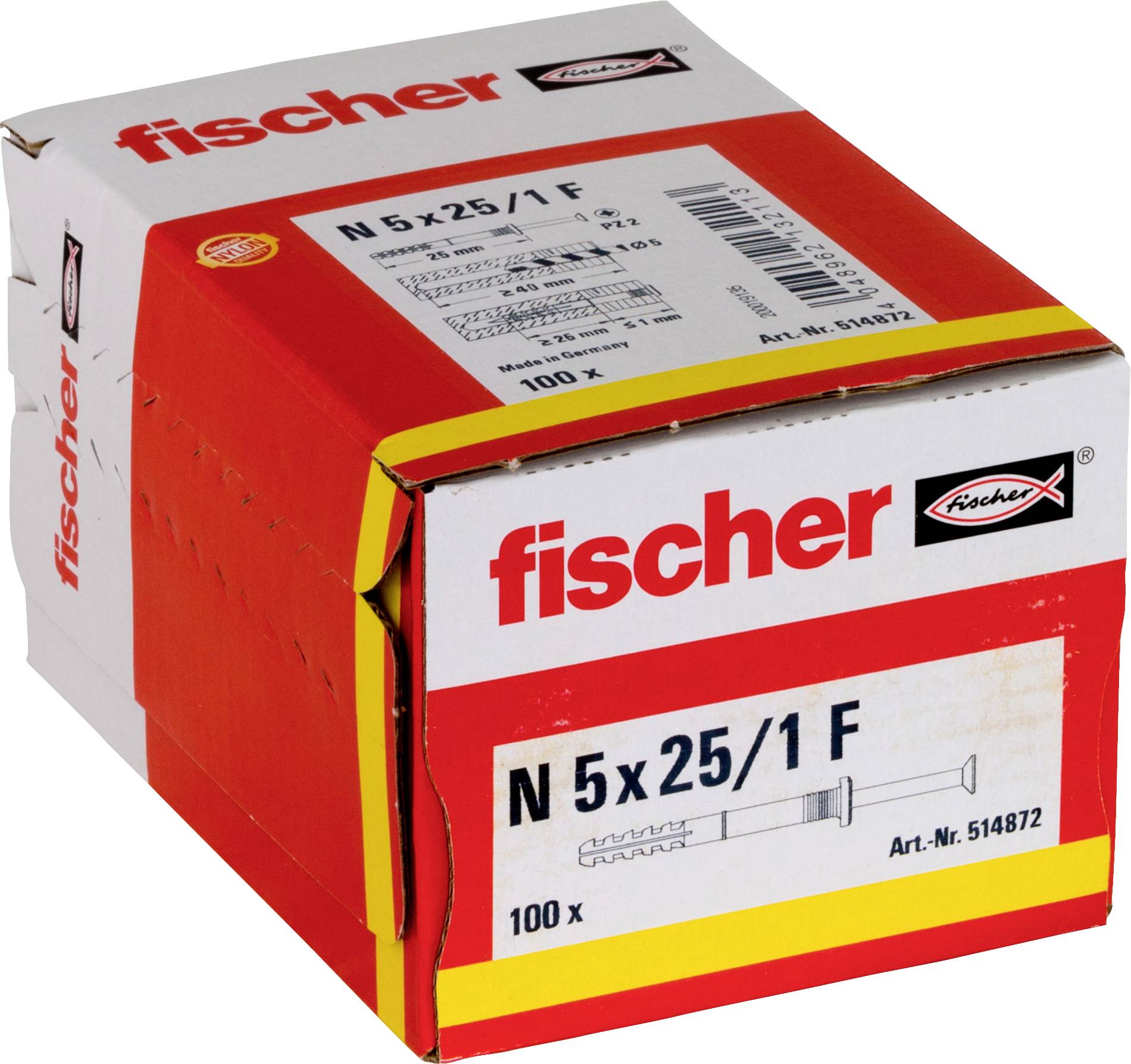 Produktová krabica Red Fischer označená 'fischer' a 'N 5x25/1 F', zobrazujúca 100 kusov nástenných kotiev alebo upevňovacích prvkov.