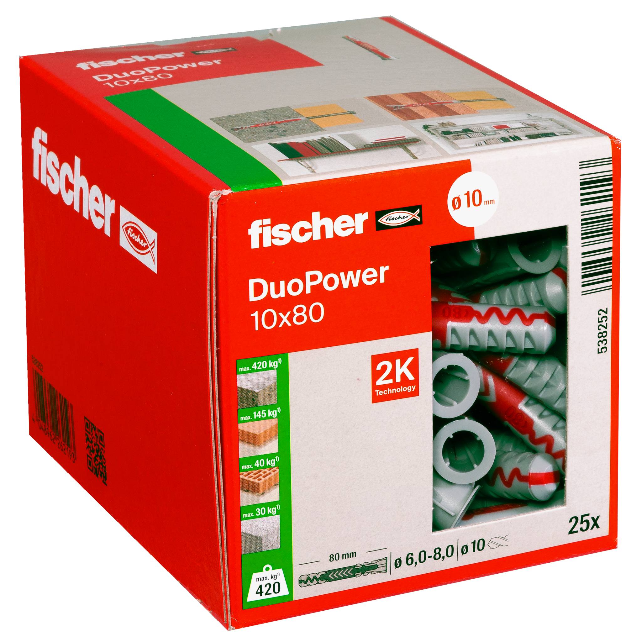 Krabica s Fischer DuoPower 10x80 čapmi na stenu s priehľadným oknom zobrazujúcim zelené a červené kotvy; nálepka udáva 25 kusov a technológiu 2K.