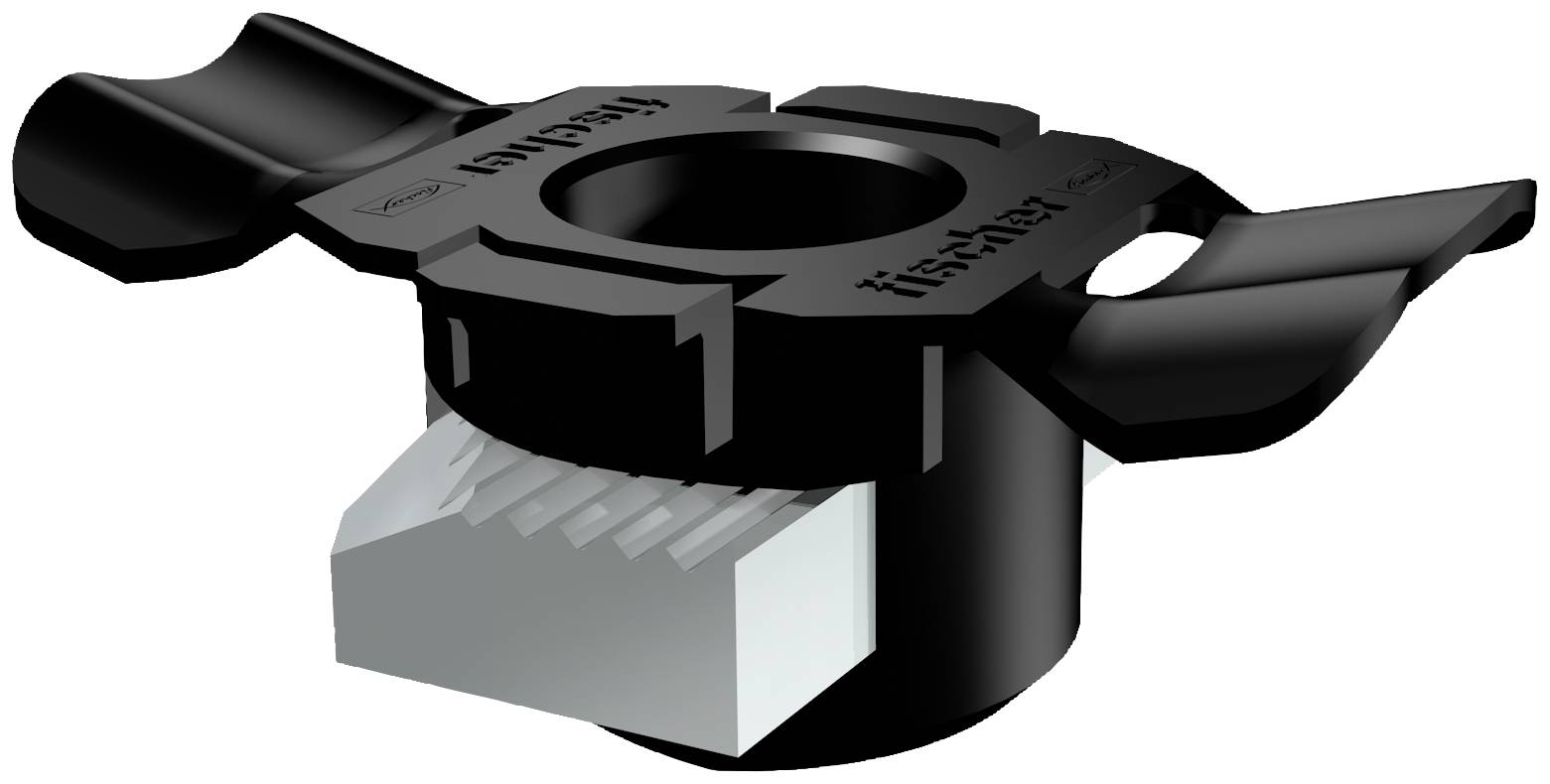 Čierny plastový príslušenstvo nástroja s dvoma bočnými rukoväťami a bielou kovovou vložkou, zobrazené v 3D na jednoduchom pozadí.