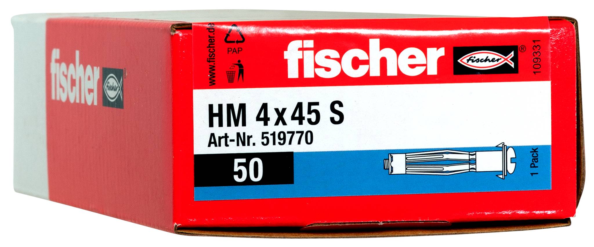 Produktová krabica Red Fischer označená "HM 4 x 45 S", Art.-Nr. 519770, balenie 50 kusov, s ilustráciou nástennej kotvy.