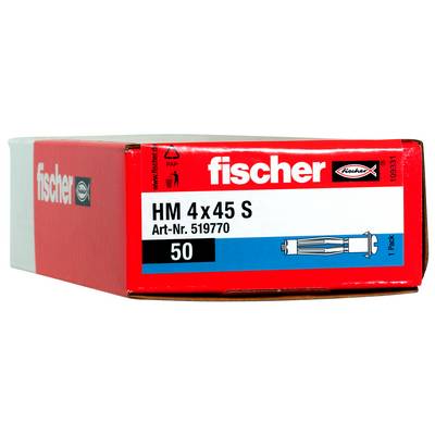 Produktová krabica Red Fischer označená "HM 4 x 45 S", Art.-Nr. 519770, balenie 50 kusov, s ilustráciou nástennej kotvy.