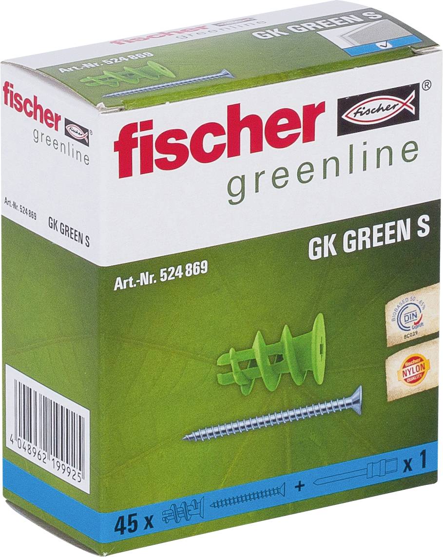 Balenie Fischer greenline GK GREEN S zátok do steny a skrutiek s obsahom „45 x" a číslom produktu „Art.-Nr. 524 869".