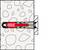 Červená a sivá hmoždinká a strieborný skrutka sú zobrazené. Hmoždinka má chevronový vzor a skrutka je so závitom a plochou hlavou.