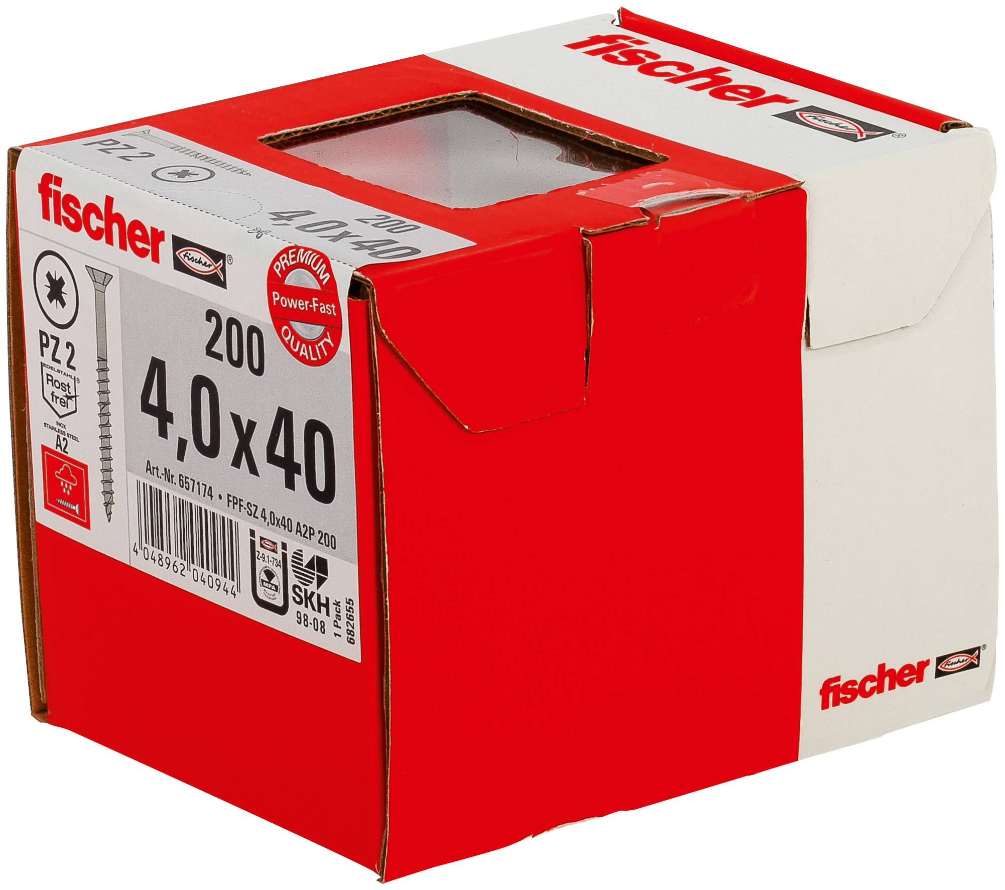 Červeno-biela Fischer skrinka na skrutky označená 200 4.0 x 40, zobrazená ako obal produktu.