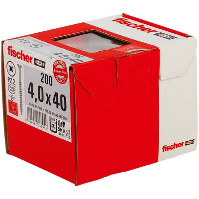 Červeno-biela Fischer skrinka na skrutky označená 200 4.0 x 40, zobrazená ako obal produktu.