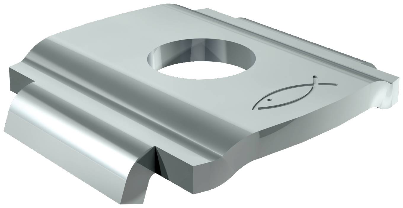 3D CAD renderovanie striebornej kovové konzolnej platne s veľkým kruhovým otvorom a drážkovaným okrajovým výrezom na bielom pozadí.