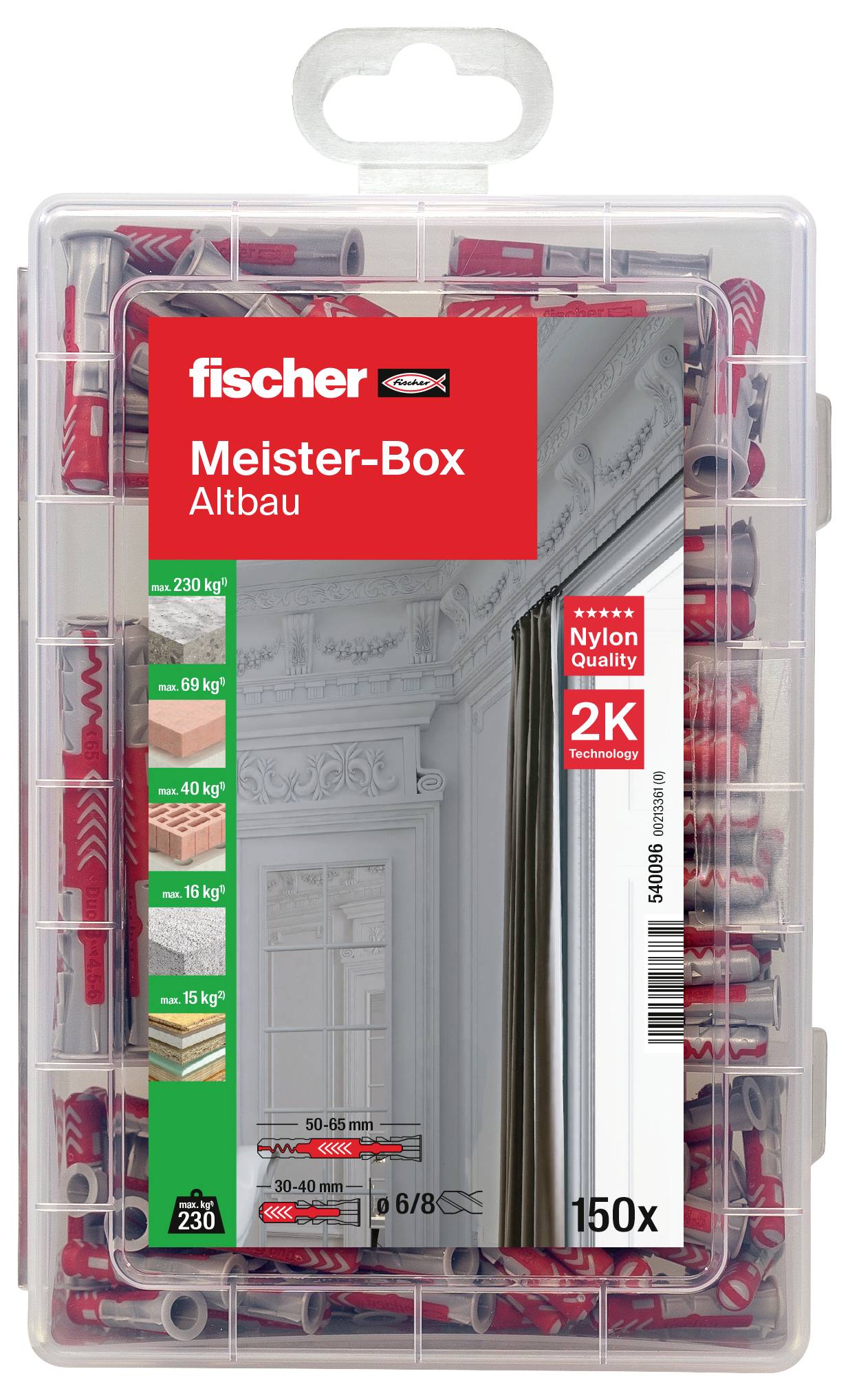 Produktová balenie Fischer s Majster-boxom pre staré budovy; obsahuje 150 hmoždiniek rôznych veľkostí, vhodných pre zaťaženie od 6 do 45 kg.