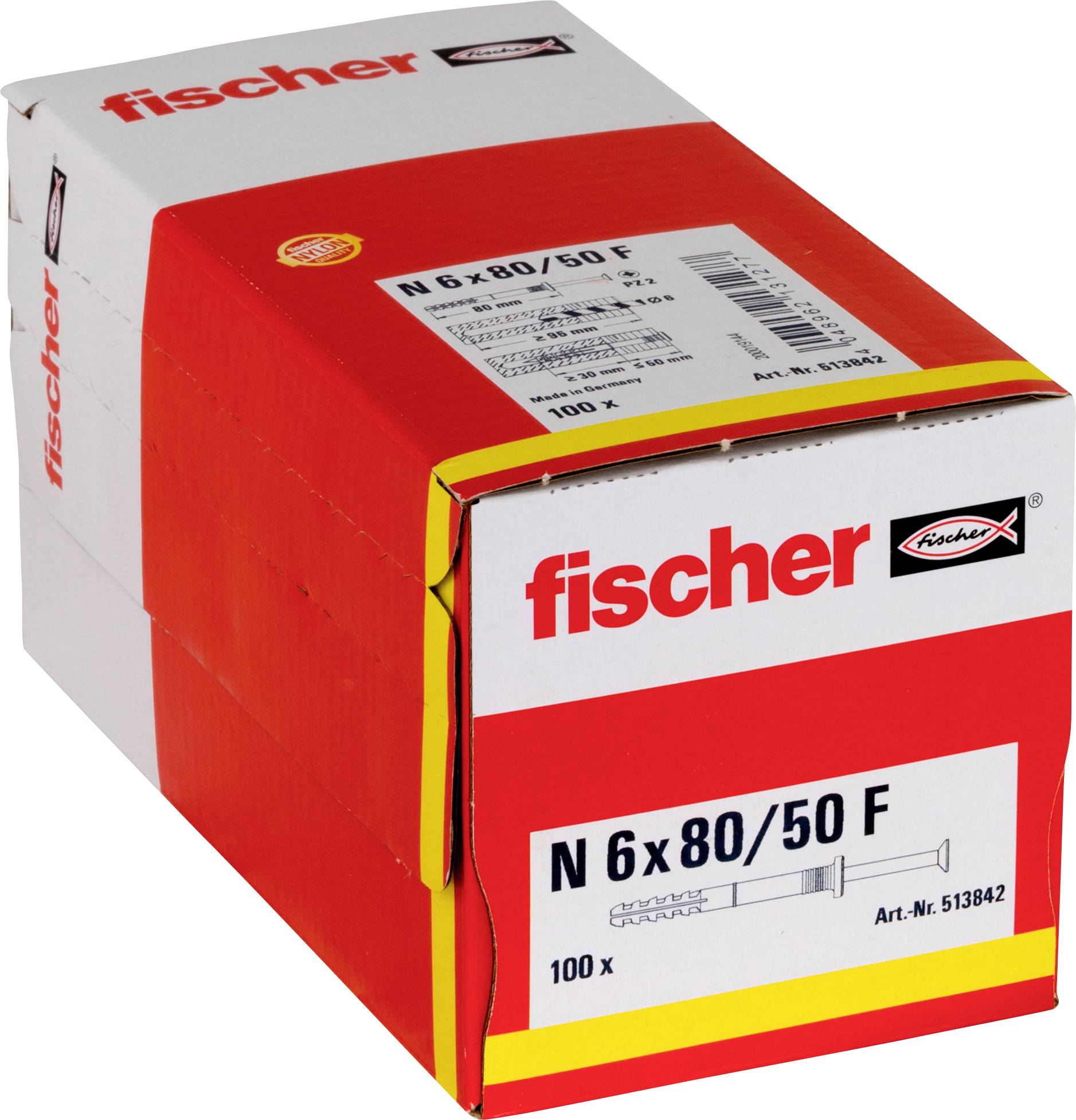 Červeno-biela krabica Fischer produktu označená „N 6x80/50 F" s 100 kotviami do steny.