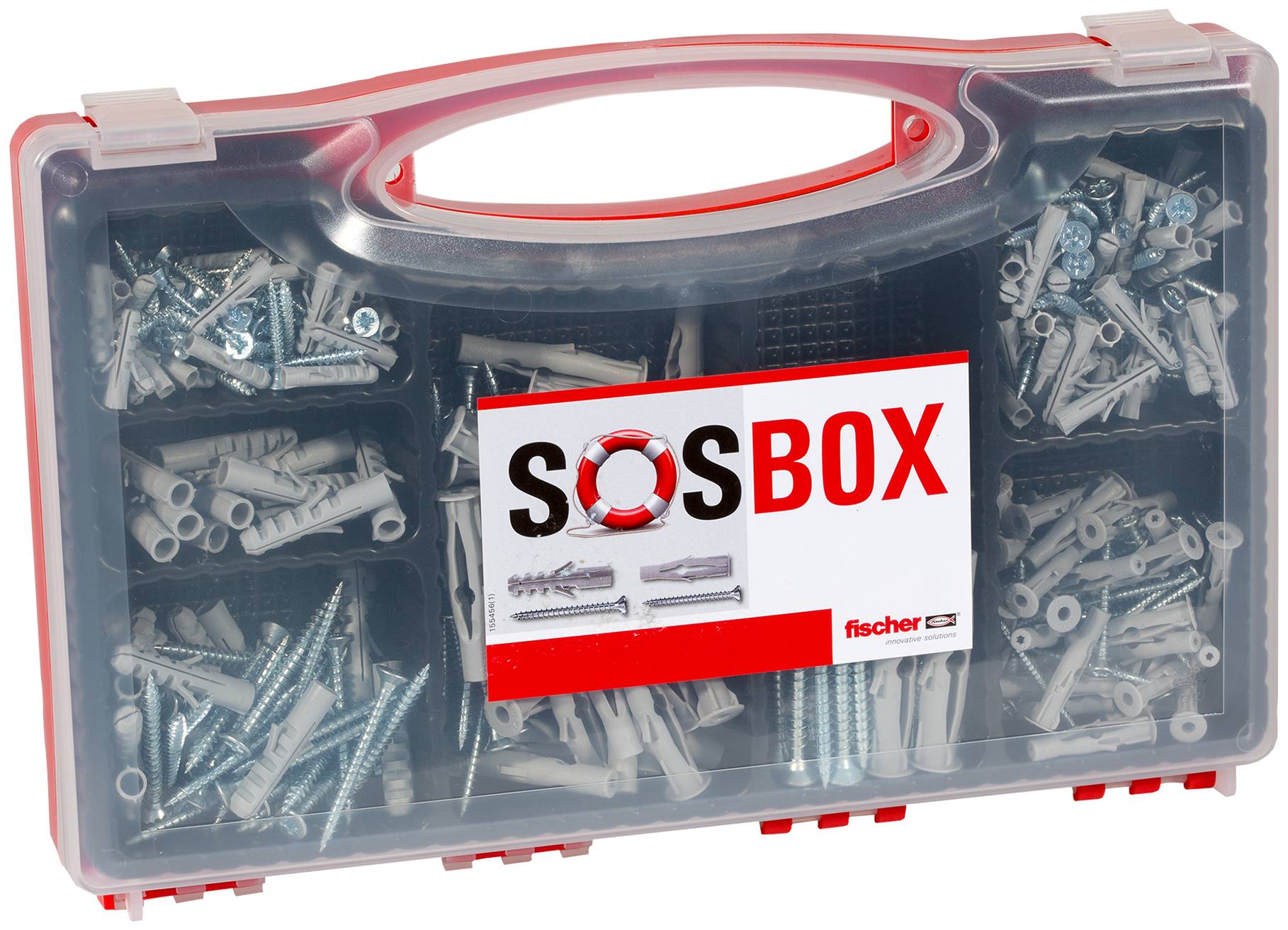 Priehľadný plastový nosný box naplnený rôznymi skrutkami, plastovými hmoždinkami a spojovacím materiálom s označením "SOSBOX" a logom Fischer.