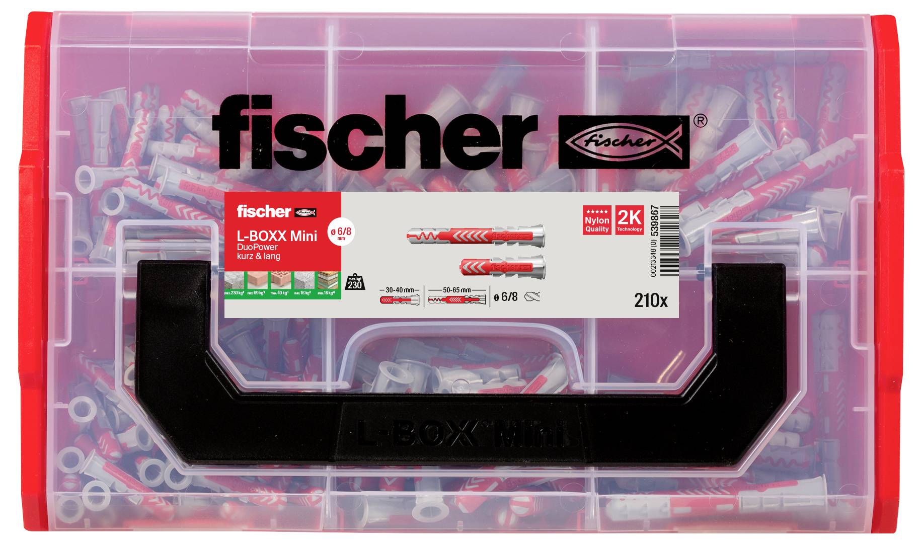 Priehľadná krabica od firmy 'fischer' s hmoždinkami, označená etiketou 'L-BOX Mini' s červeným logom, obsahuje 210 hmoždiniek a skrutiek.