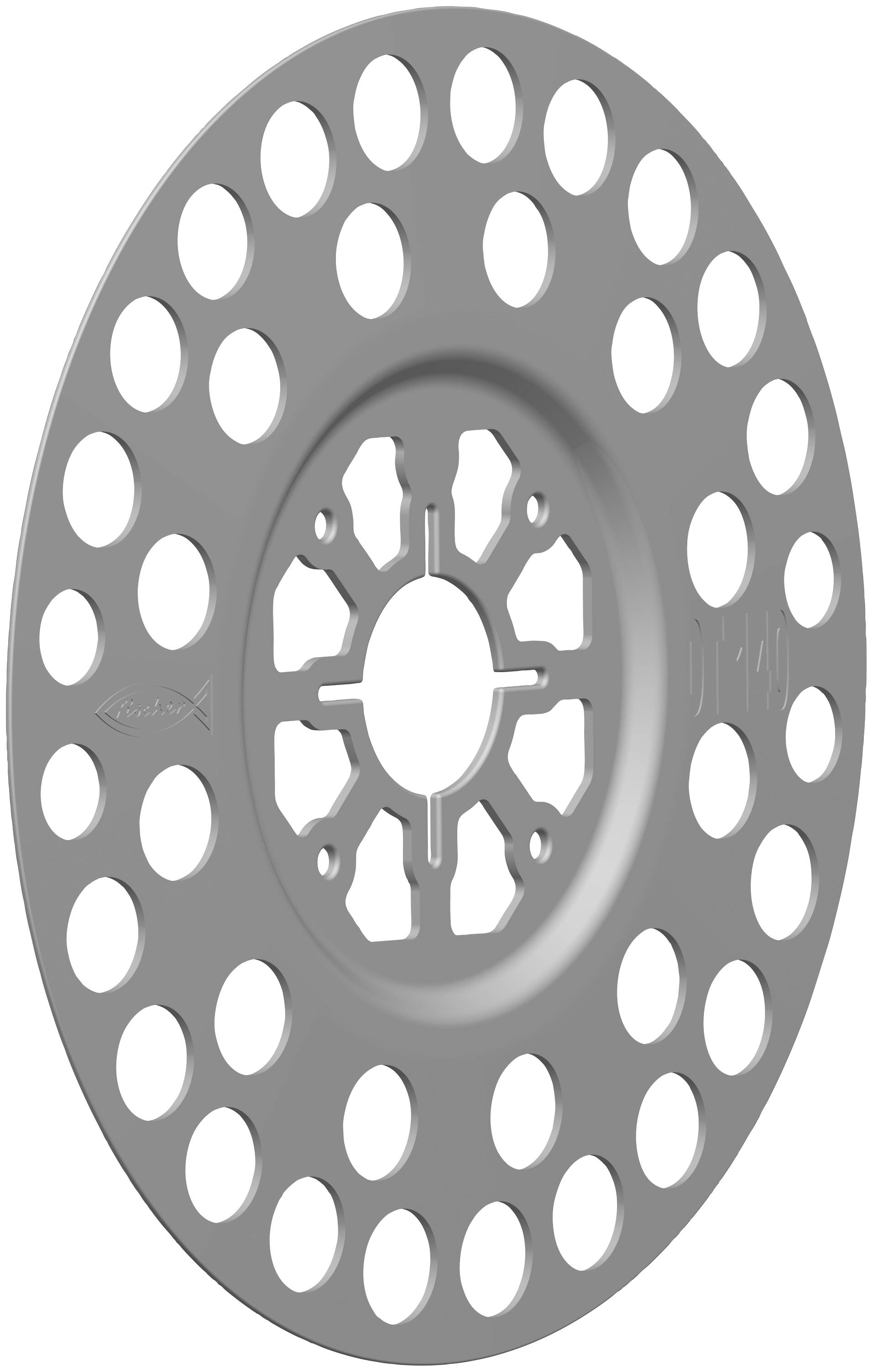 Sivý prepichovaný kovový disk alebo rotálny rotor s rovnomerne rozmiestnymi kruhovými otvormi a centrálnym otvorom huby, zobrazený na bielom pozadí.