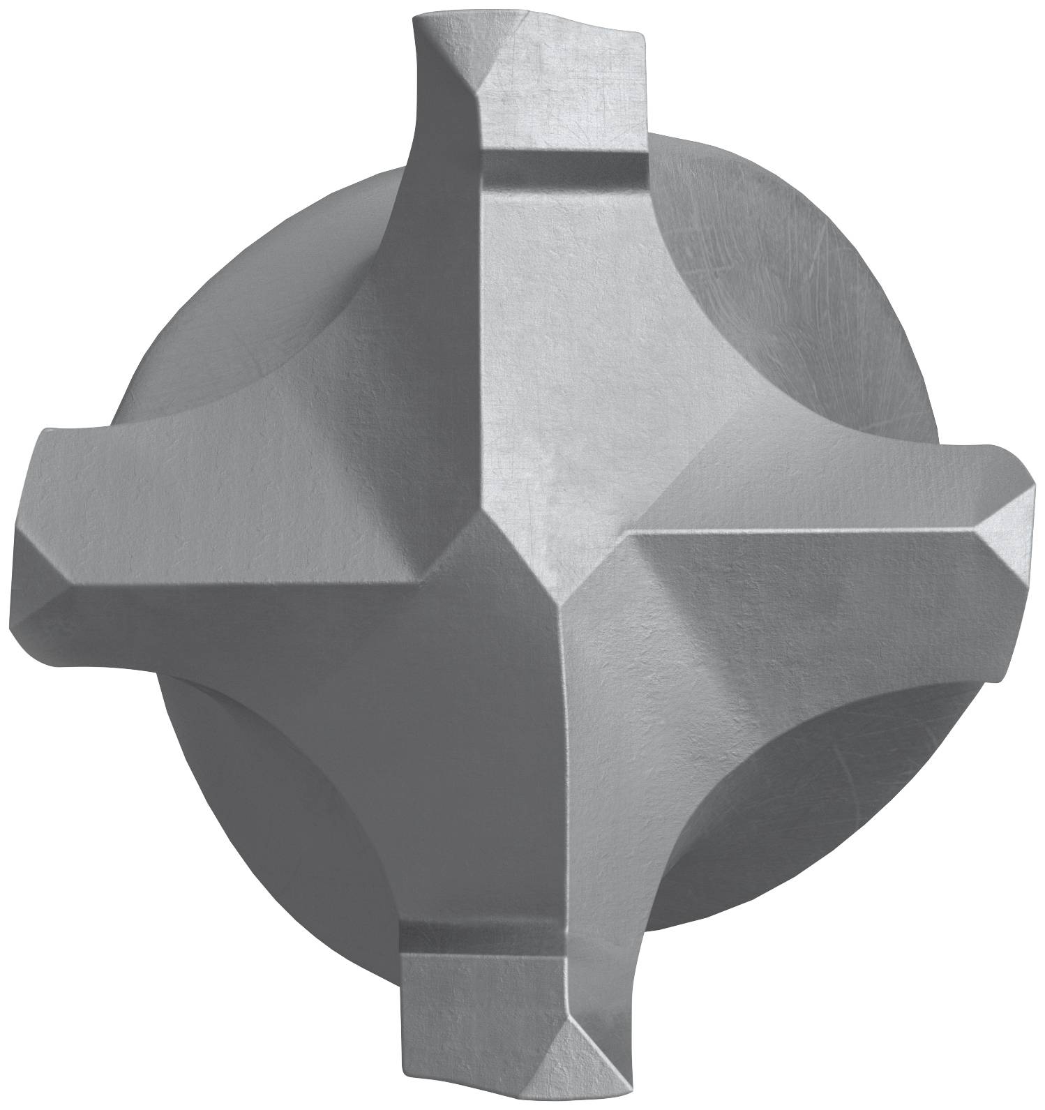 Kovový striebristý 3D abstraktný kríž alebo hviezdicovitý emblém umiestnený v strede sivého kruhového pozadia.