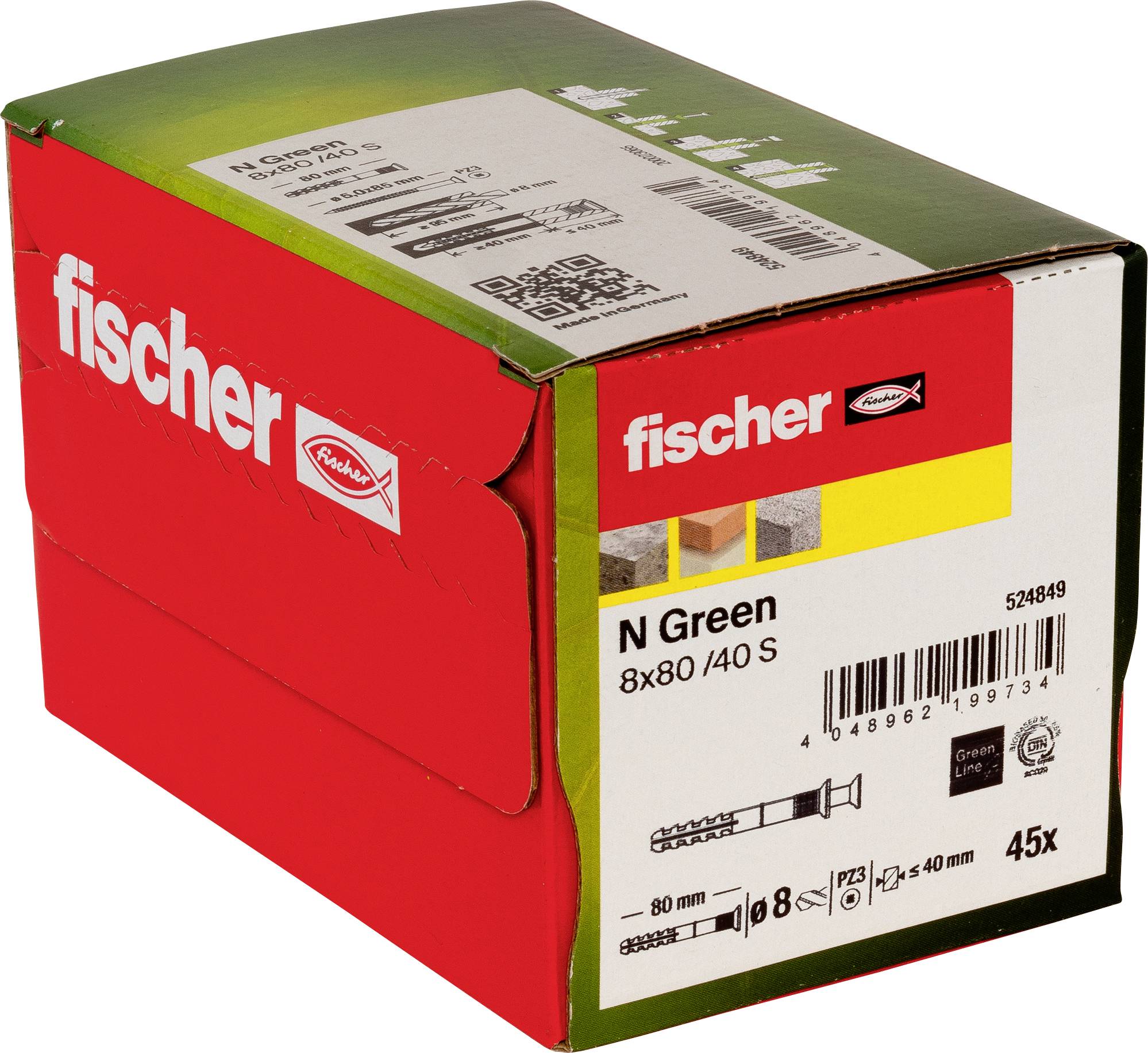 Balenie fixačných kotvíc Fischer N Green 8x80/40 S do steny, označené „45x" s produktovými obrázkami a čiarkovými kódmi na krabici.
