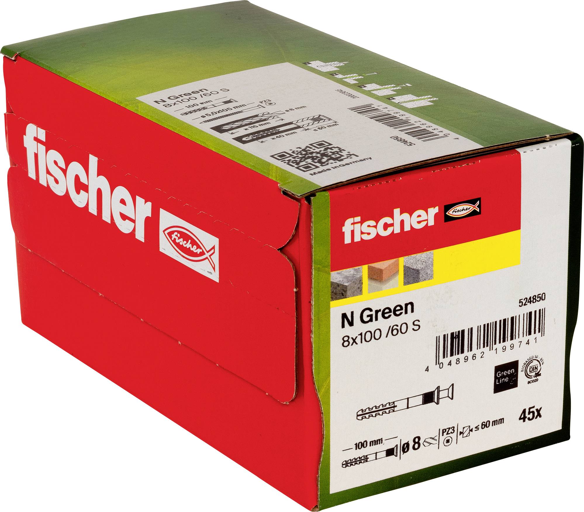 Červený Fischer fischer N Zelená skrutka box označený 8x100/60 S, s detailmi produktu a označením množstva 45x na prednej strane.
