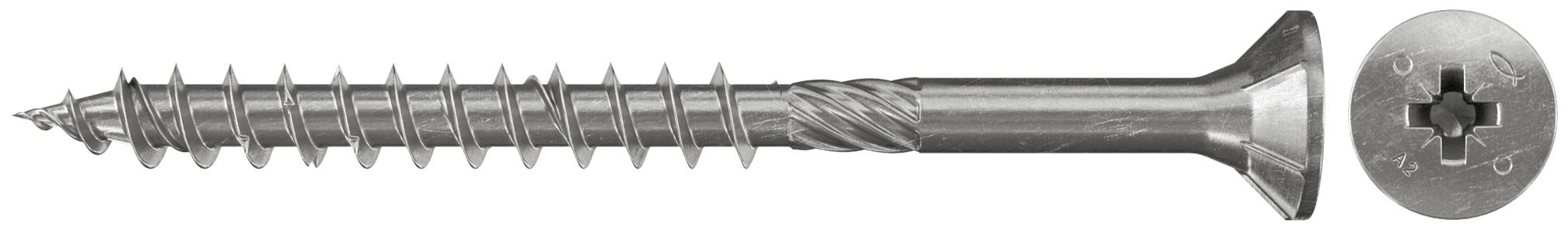 Kovový skrutok s zapustenou hlavou je zobrazený z boku s malou vložkou zhora ukazujúcou Phillips krížové vybranie.