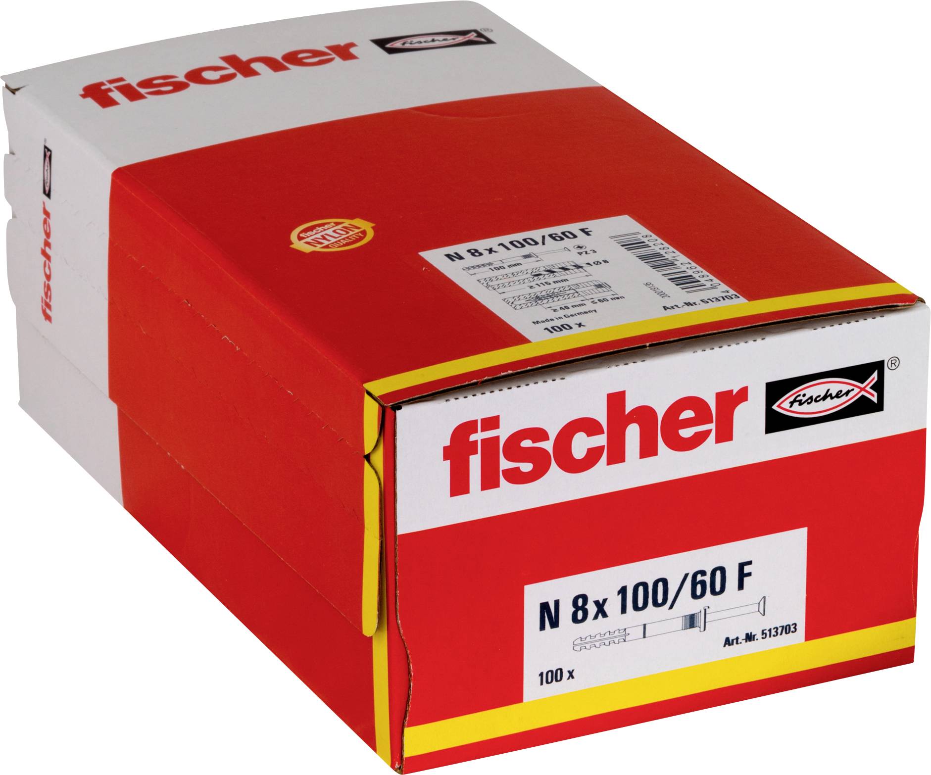 Červeno-biela krabica produktu fischer označená „N 8 x 100/60 F" so 100 kusmi, zobrazená v trojštvrťovom pohľade na bielom pozadí.