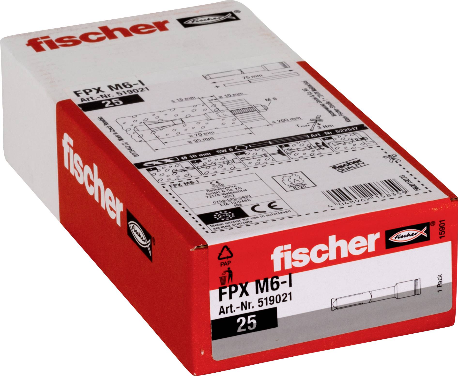 Červená a biela krabica Fischer FPX M6-1 s 25 expanzným kotvami, zobrazená s диagramami produktu a číslom položky 519021.