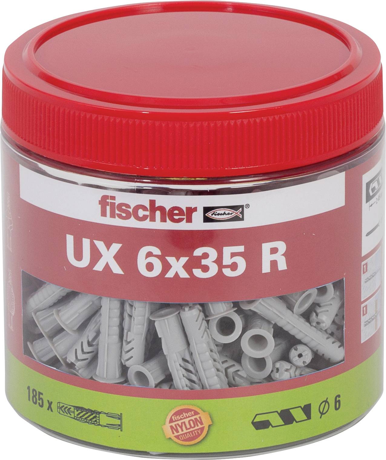 Červená plastová zásuvková krabica od značky Fischer s označením "UX 6x35 R" a označeniami "185 x" a "ø 6", v ktorej sú viditeľné sivé kotvy.