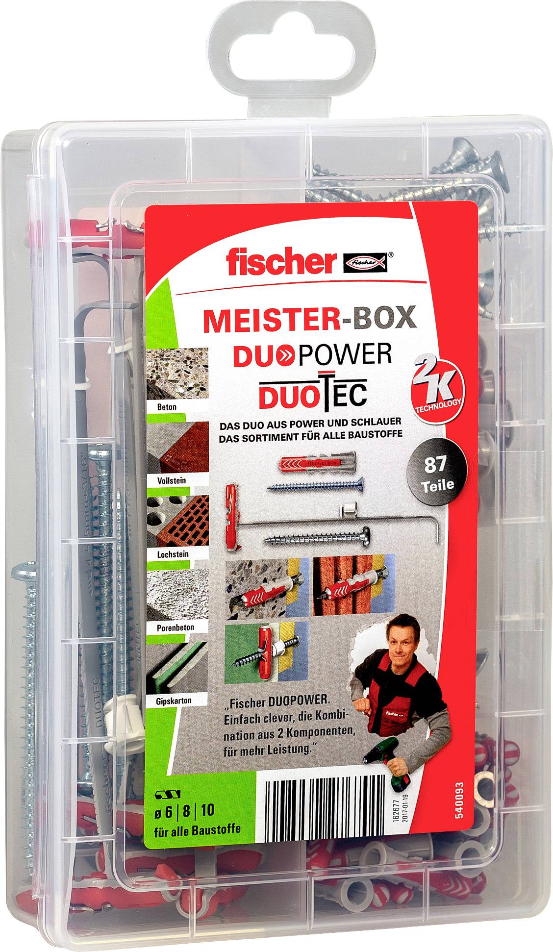 Plastová fischer Meister-Box DUOPOWER súprava hardwaru s vložkami do steny a skrutkami, označená "87 dielov" a "2K technológia".