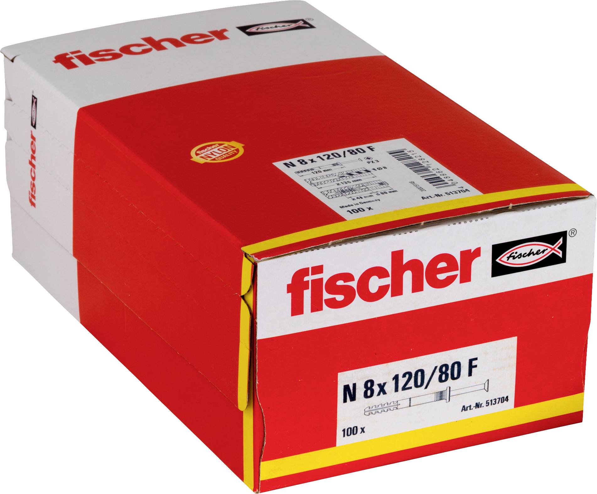Červená krabička Fischer N 8 x 120/80 F, označená 100x, zobrazená na bielom pozadí.