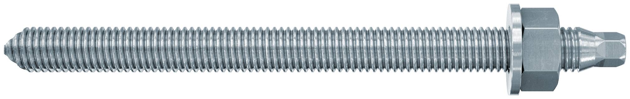 Závitovaná kovová tyč so šesťhrannou maticou a krytkou na pravom konci, zobrazená vodorovne na bielom pozadí.