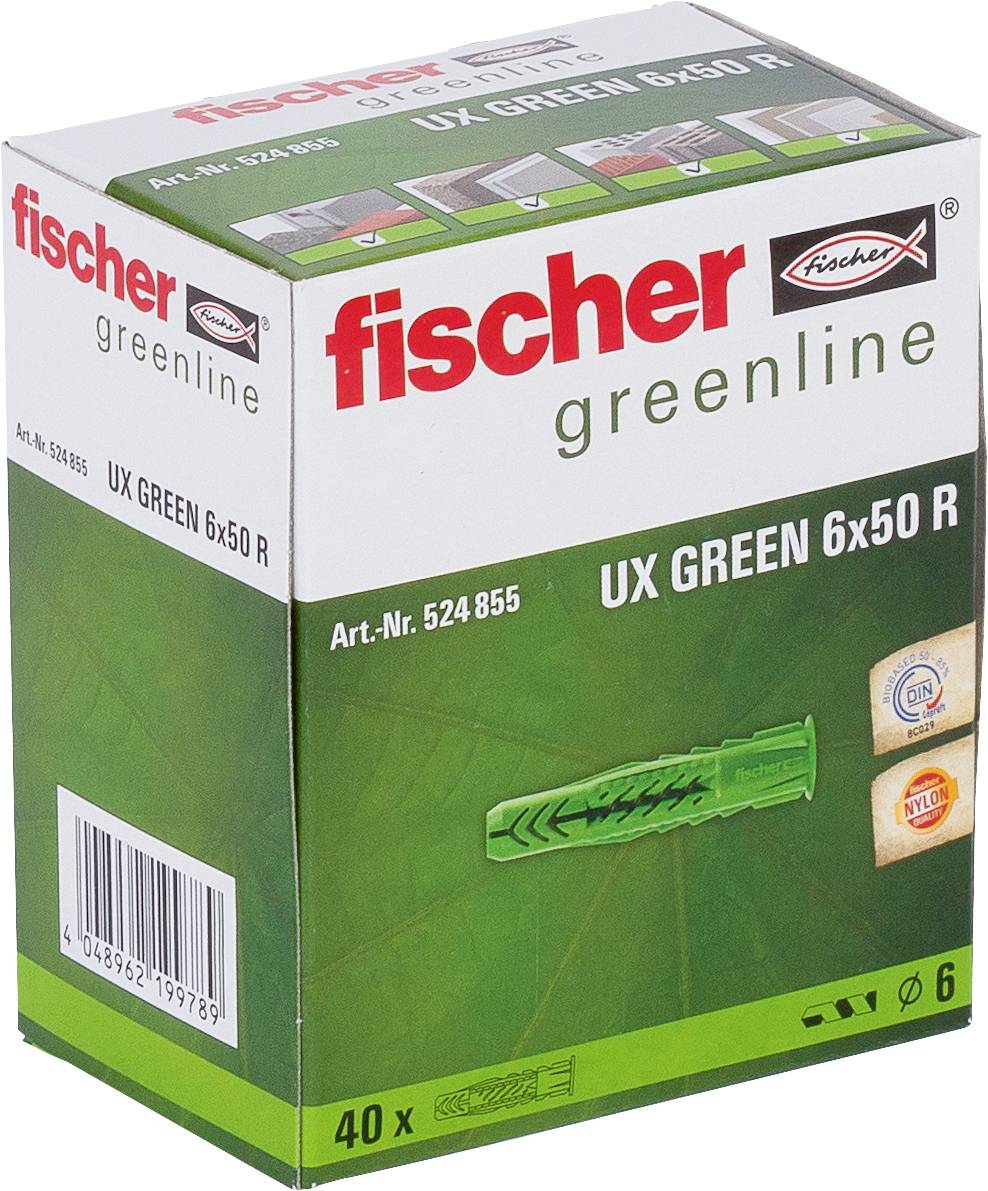 Balenie zástrčiek Fischer greenline UX GREEN 6x50 R, zobrazujúce zelenú kotvu a počet 40 kusov.