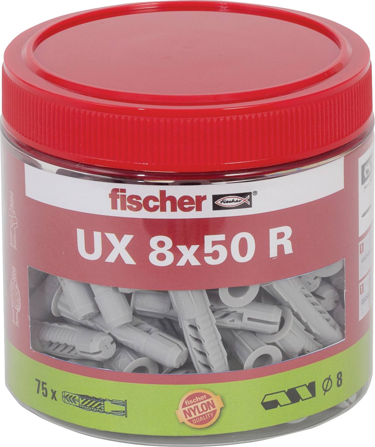 Nádoba s nitrovanými kotvami Fischer UX 8x50 R, 75 kusov, zobrazená v červenooké nádobe s viditeľnými sivými kotvami.