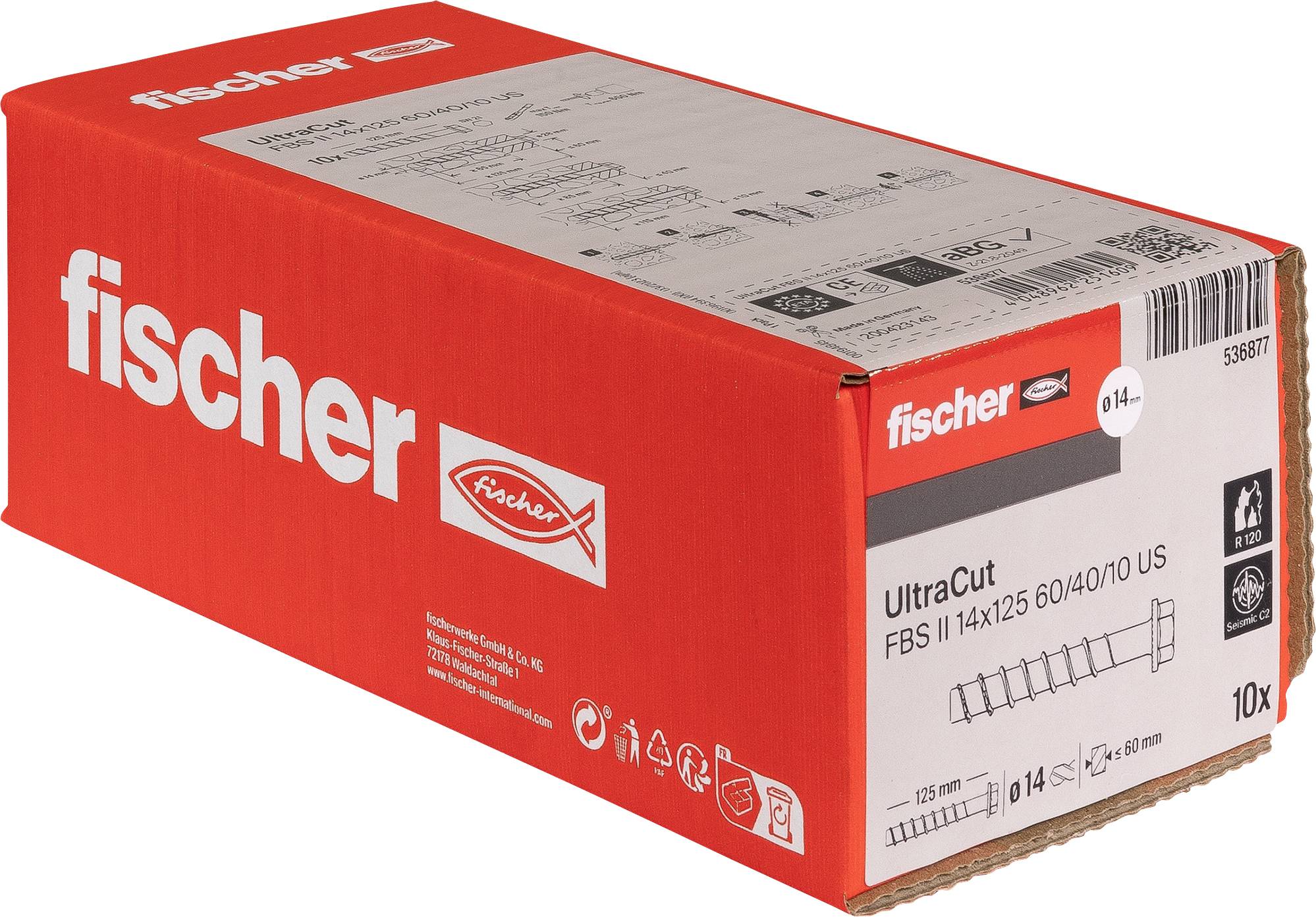 Červená krabica kotiev Red Fischer Ultraput s označením produktu „UltraCut FBS II 14x125 US" a piktogramami na prednej strane.