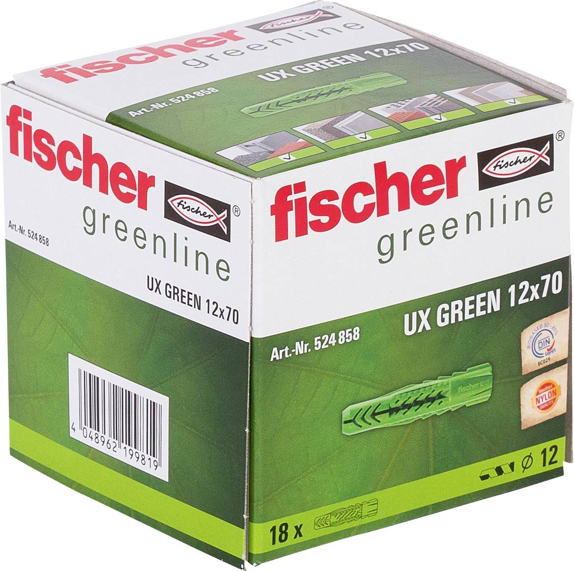 Balenie krabice steny zástrčiek Fischer greenline UX GREEN 12x70, zobrazujúce značku produktu, čiarový kód a množstvo 18x.