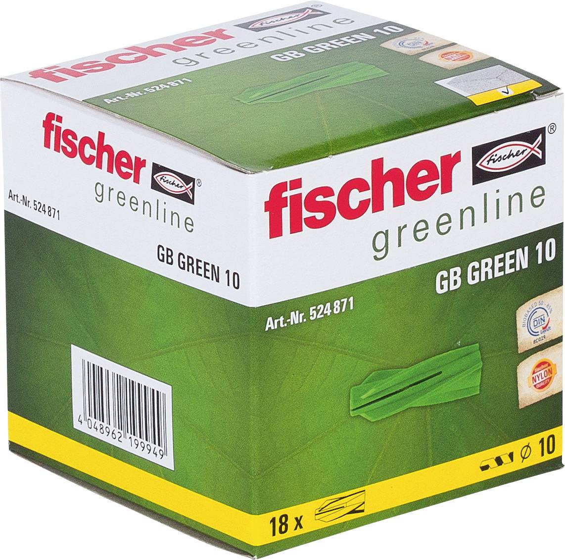 Krabica s plastovými hmoždinkami Fischer greenline GB GREEN 10, zeleno-biely obal s viditeľným názvom produktu a čiarovým kódom.